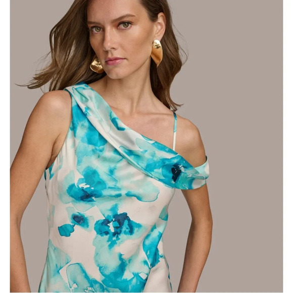 NWT Donna Karan Women's Blue Abstract Floral Printed One-Shoulder Draped Dress 6 - Picture 4 of 11